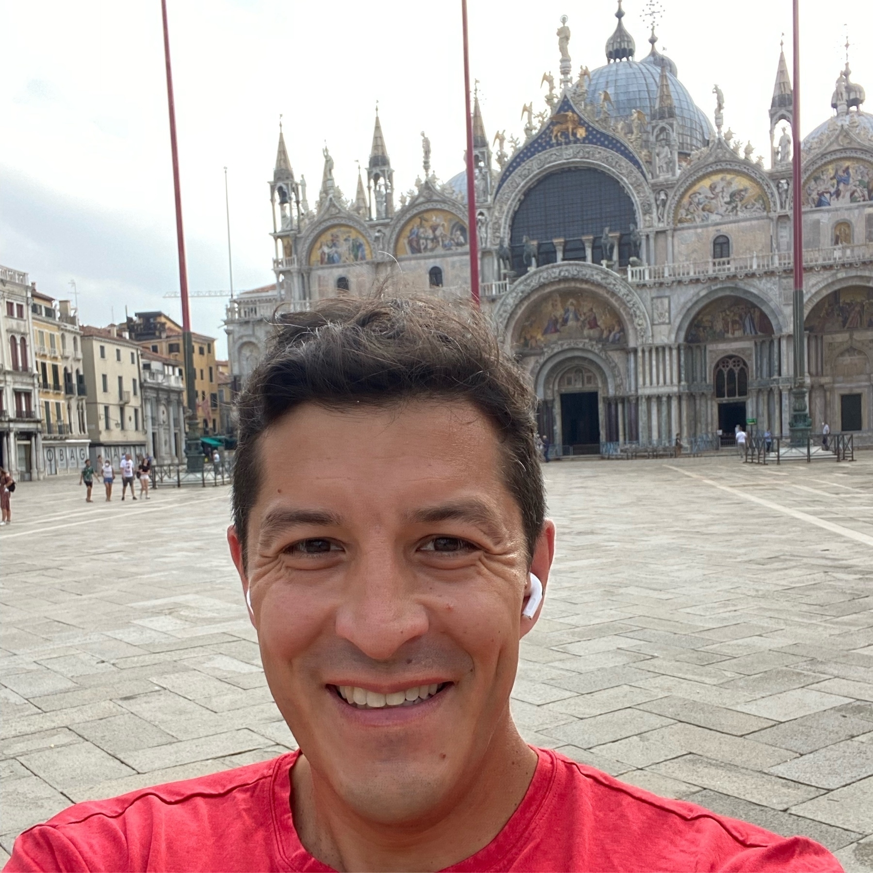running selfie of Aaron in St. Mark's Square, Venice. 